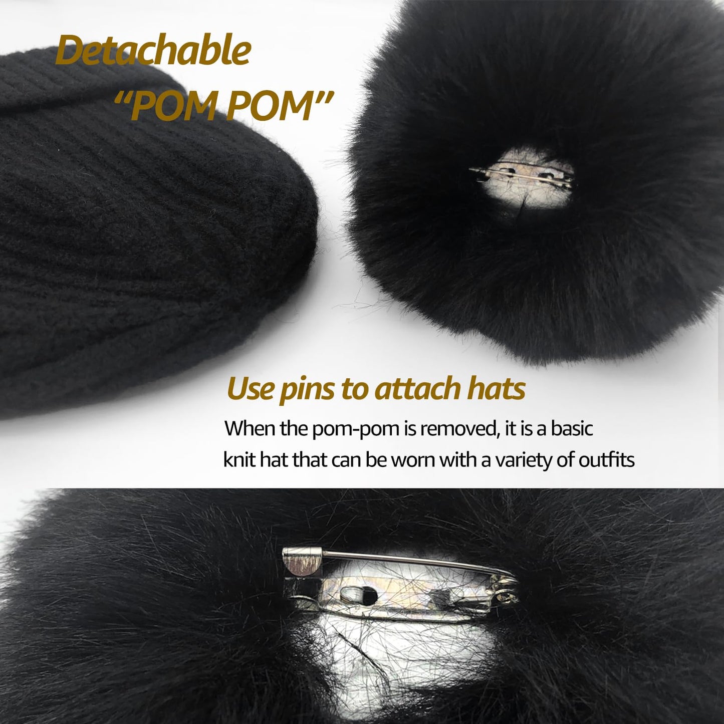PHILIGHTS 2PCS Womens Beanie with Faux Fur Pom Pom, Wool & Satin Lined Winter hat,Warm Knit Ski Hats Cuffed Skull Cap