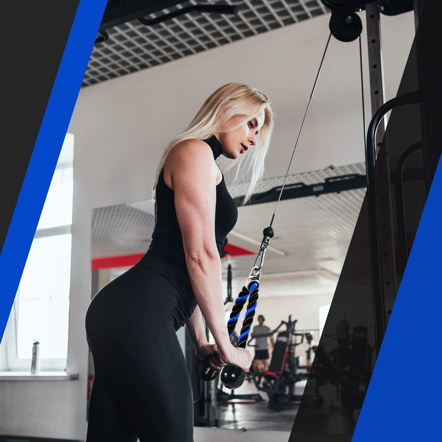 Yes4All Deluxe Blue Black Tricep Rope 36 Inches Black Cable Attachment, Pulley System Gym Pull Down Rope with Carabiner, Exercise Machine Attachment