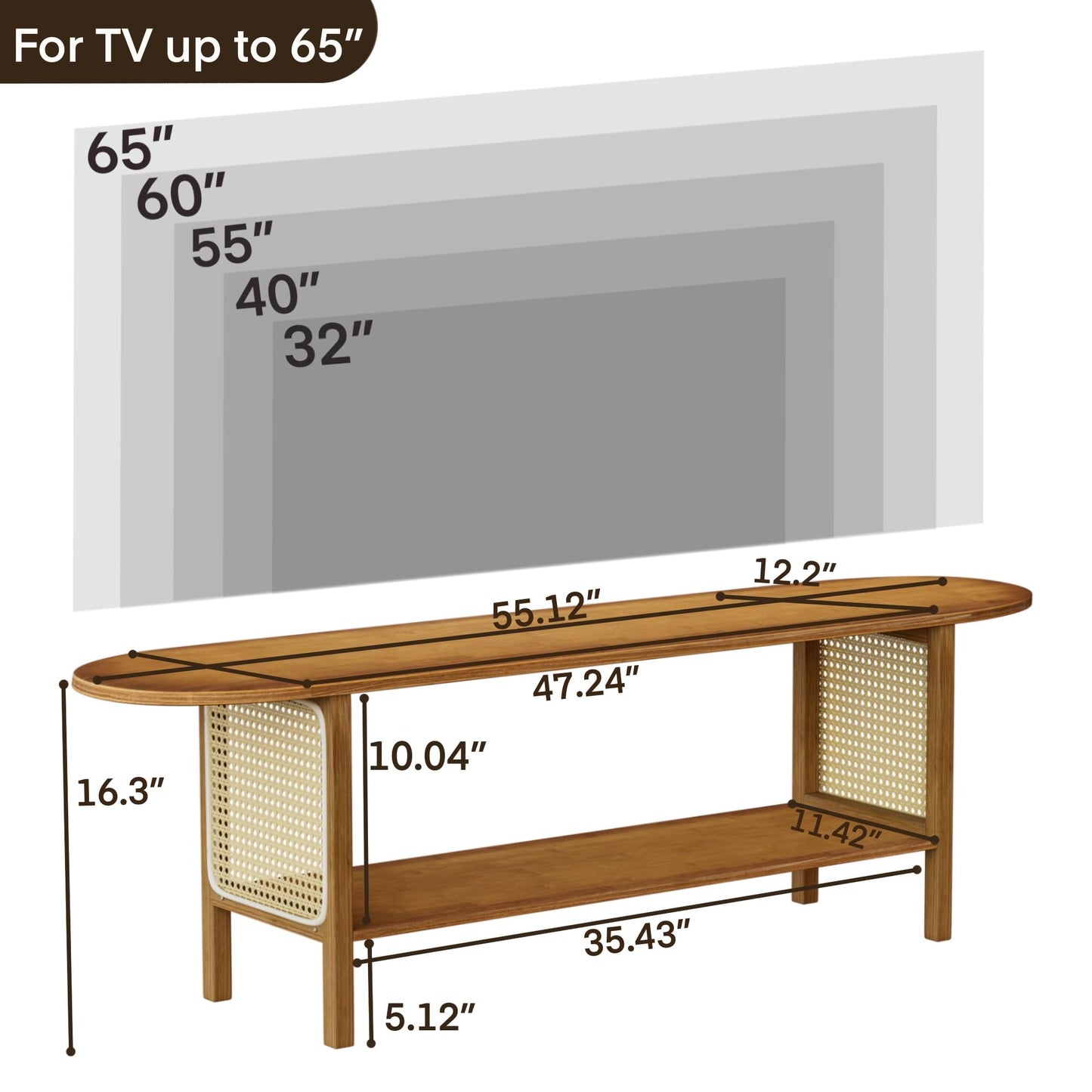 Mordchil HF Bamboo TV Stand for TVs up to 65", Accent Entertainment Center with Storage, Media Console Table with Rattan, Modern TV Stand for Living Room, Bedroom, 55"(L), Walnut