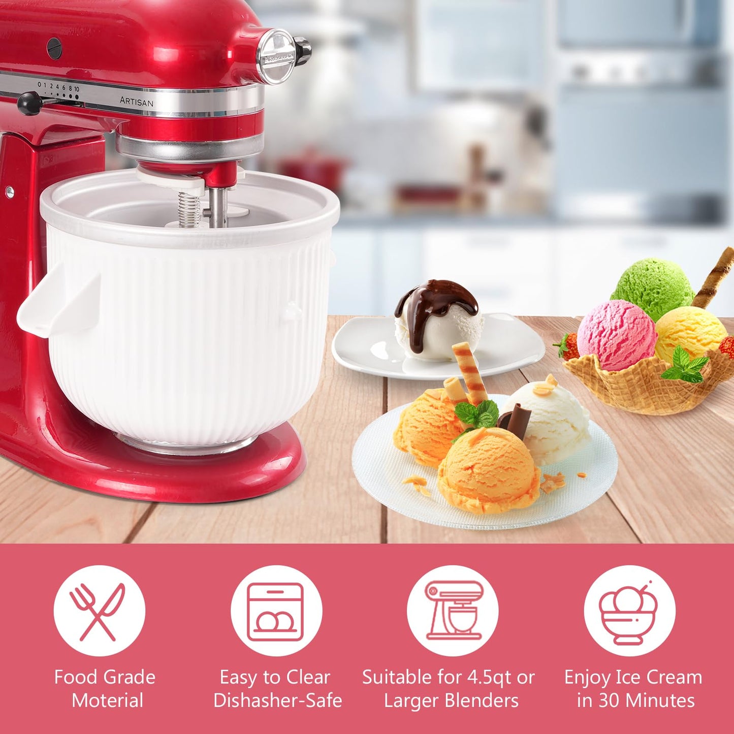 Ice Cream Maker Machines for Kitchenaid Stand Mixer,Compatible with Kitchen aid 4.5 QT and Larger Mixer,2-Quart Frozen Yogurt & Sorbet Gelato Maker,Dishwasher safe