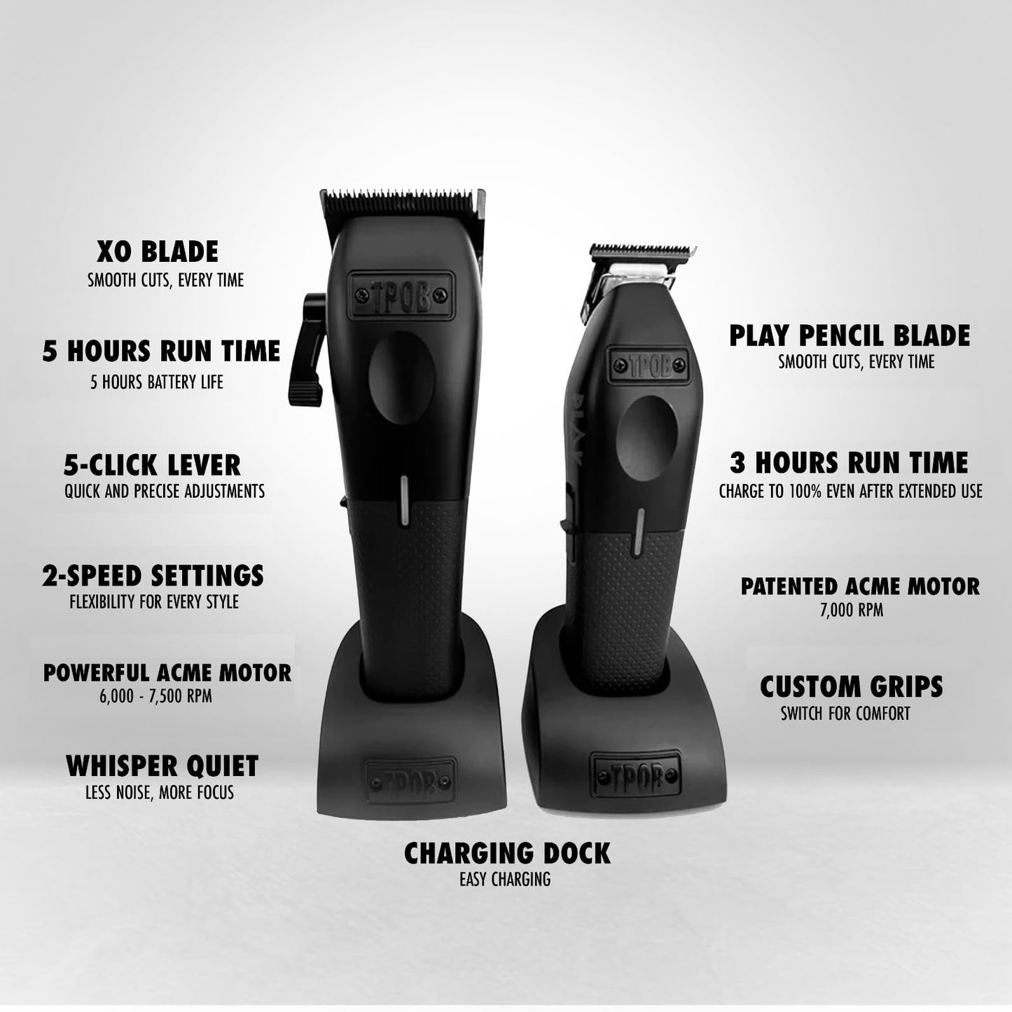 TPOB Play Barber Hair Clippers for Men 7500 RPM with Rubber Black Grips (Blackout Set)
