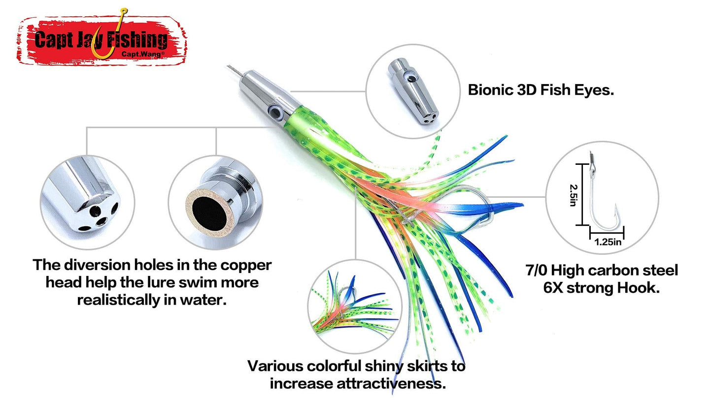 Capt Jay Fishing Torpedo High Speed Wahoo Trolling Lures Wire Cable Rigged Wahoo Lures (Rainbow Mixed Color, 7 inch)