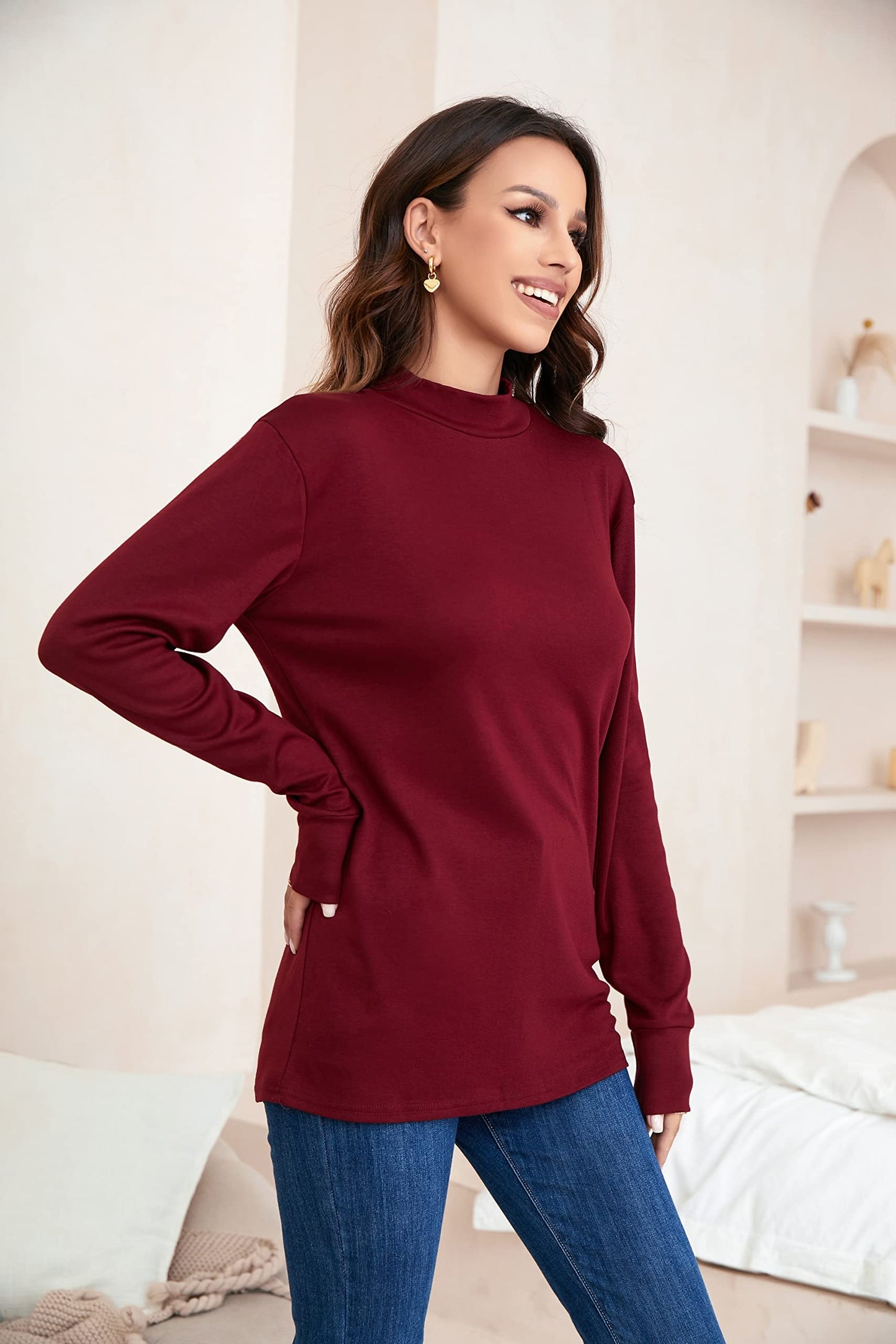 LE VONFORT Long Sleeve Shirts for Women Lightweight Mock Neck Sweater Soft Base Layer Tops Thermal Undershirts Dark Red XX-Large