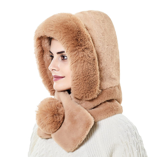 Women's Winter One-Piece Hat Scarf Warm Beanie Faux Fur Hooded Scarf Hat Skull Cap with Pompom