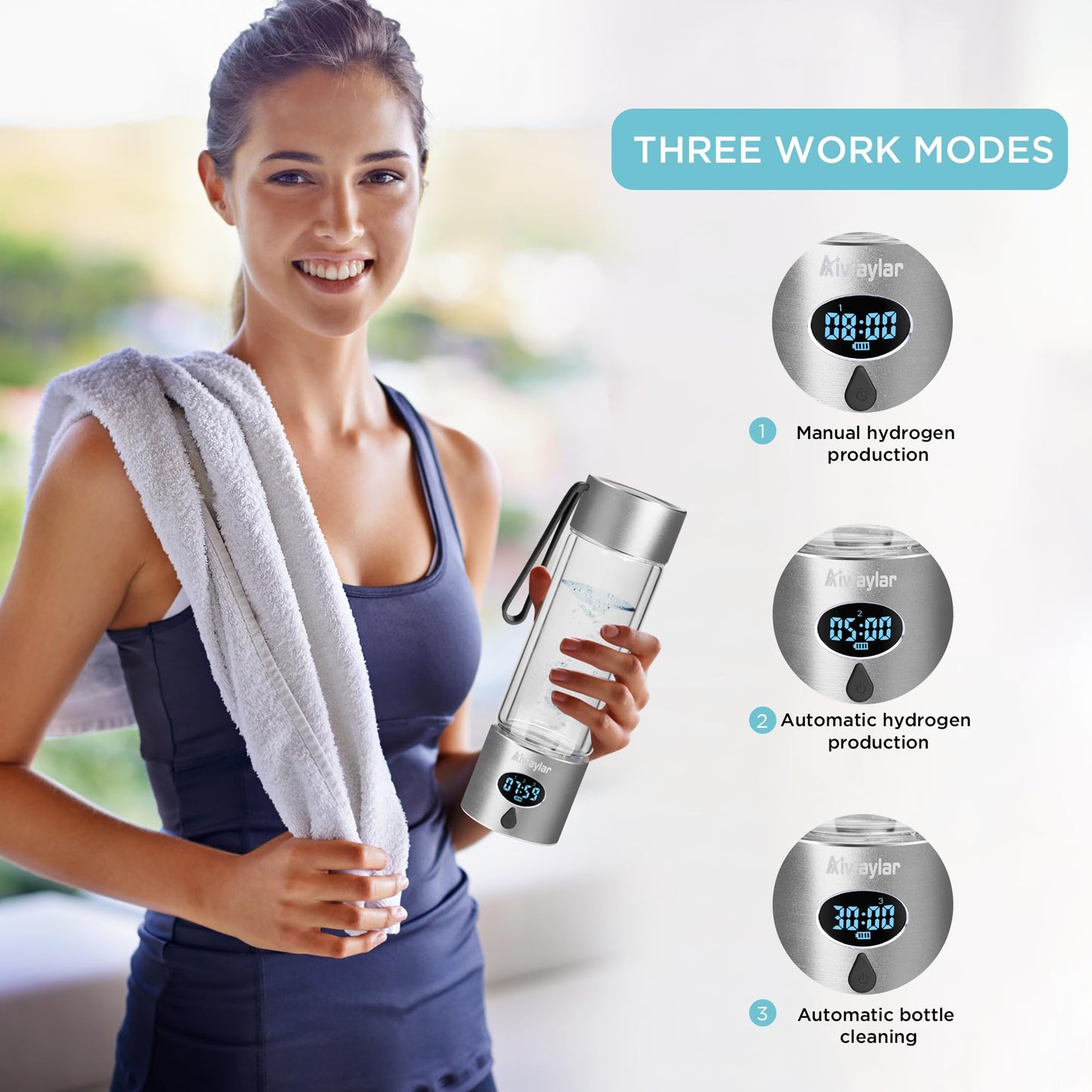 Hydrogen Water Bottle - Portable, Rechargeable, LED Timer,3 Work Mode, 5000PPB,Aluminum and Glass,360ML,Hydrogen Water Ionizer Machine with PEM/SPE Technology, Suitable for Office,Home,Gym Outdoor