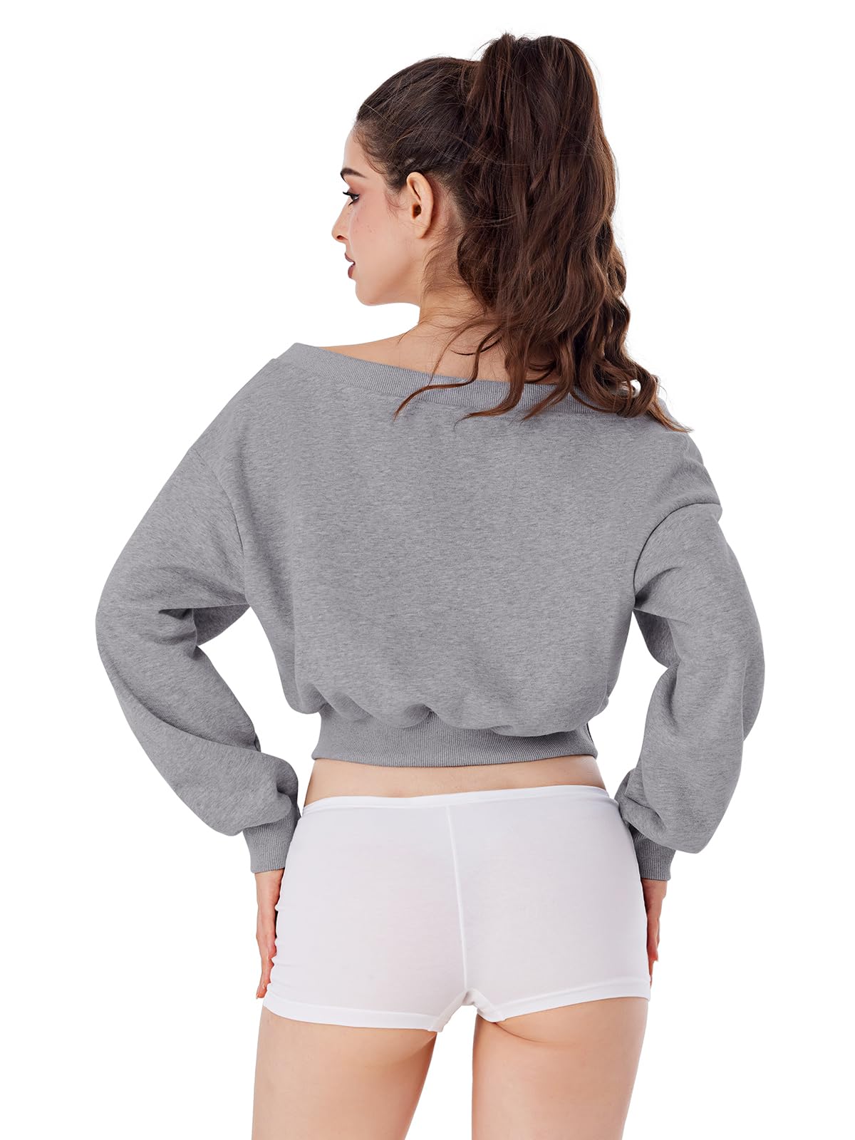 REORIA Womens Cropped Oversized Sweatshirts V Neck Long Sleeve Pullover 2024 Fall Teen Girls Y2K Fashion Crop Tops Grey