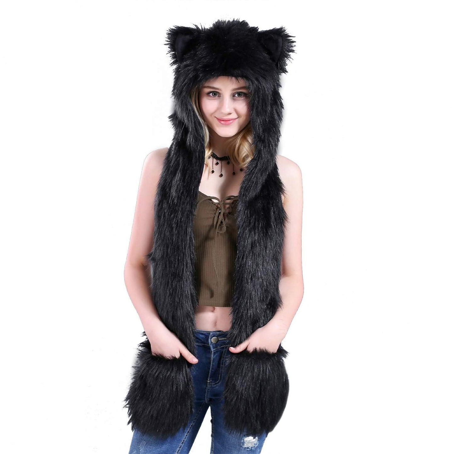Women Faux Fur Animal Hood Scarf with Glove Pocket Winter Soft Warm Fuzzy Furry Hoodie Ear Flaps Hat, Scarf & Mitten Combo