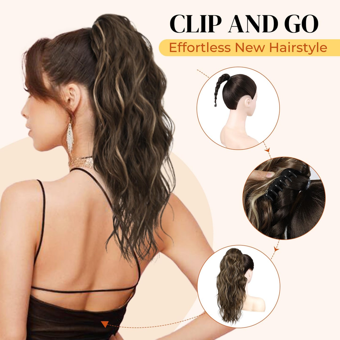 LONAI Ponytail Extension, 18" Wavy Claw Clip Ponytail Extensions ZJ001 Curly Wavy Claw Clip in Ponytail Hair Extensions Synthetic Fake Pony tails Hairpieces-Dark Reddish Brown