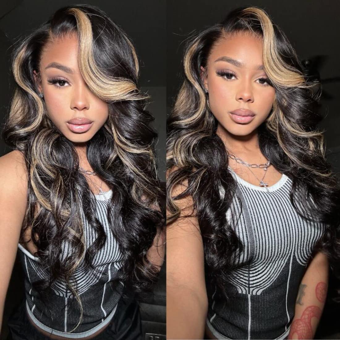 UNICE Bye Bye Knots Glueless Wig Body Wave 7x5 Pre Cut Lace Front Wigs Human Hair Bleached Knots Balayage Black Blonde Highlights Put on and Go Human Hair Wig Pre Plucked 150% Density 16 inch