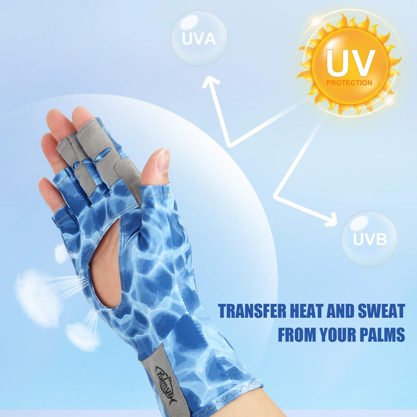 Palmyth UV Protection Fishing Fingerless Gloves UPF50+ Sun Gloves Men Women for Kayaking, Hiking, Paddling, Driving, Canoeing, Rowing (Air Water Wave, X-Large)