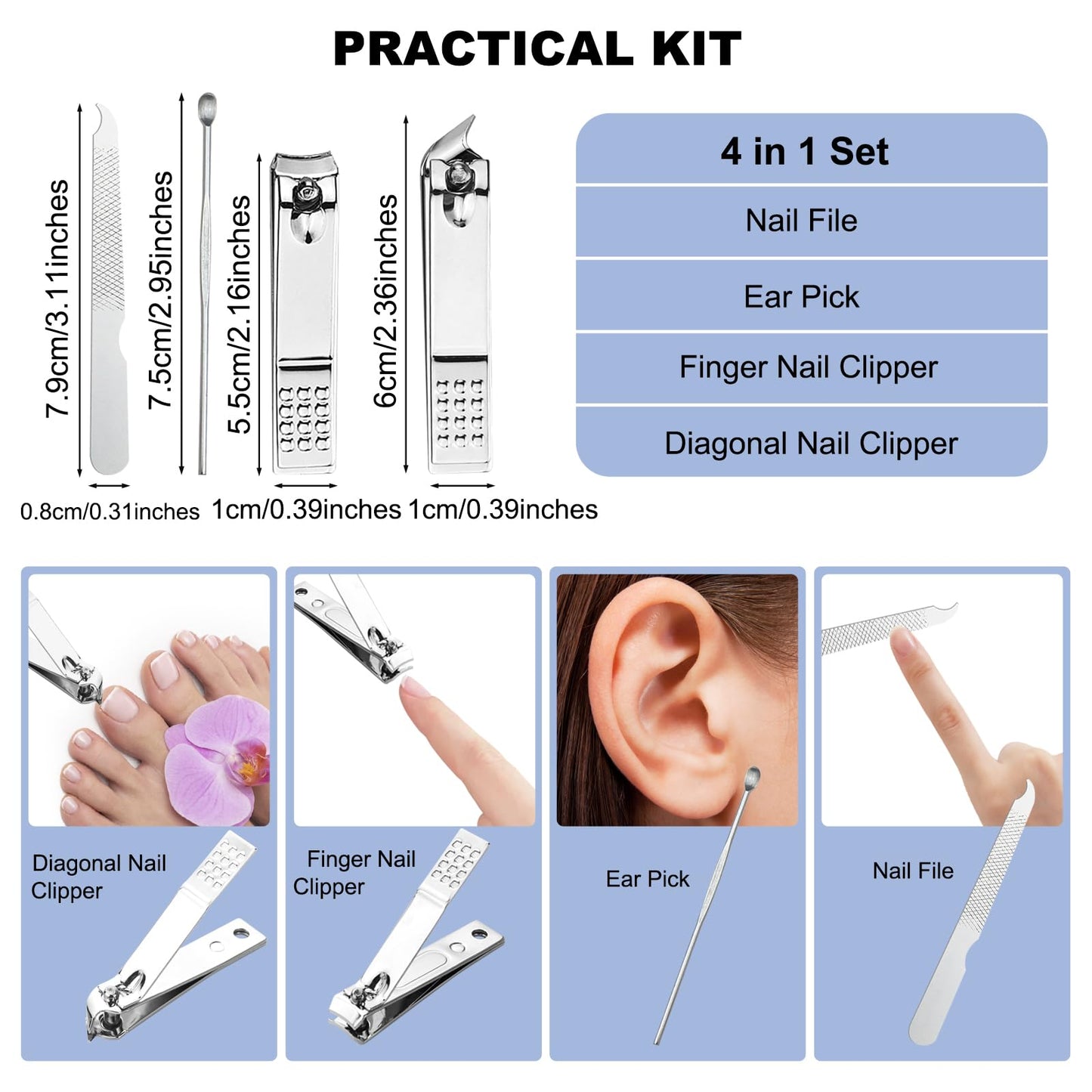 HAIFOTRVA 30 Sets Finger Nail Clipper Set Bulk,4 in 1 Adult Stainless Steel Travel Manicure Kit with Case Individually Wrapped Nail Clippers Bulk for Homeless,Hotel,Charity(2 Colors)