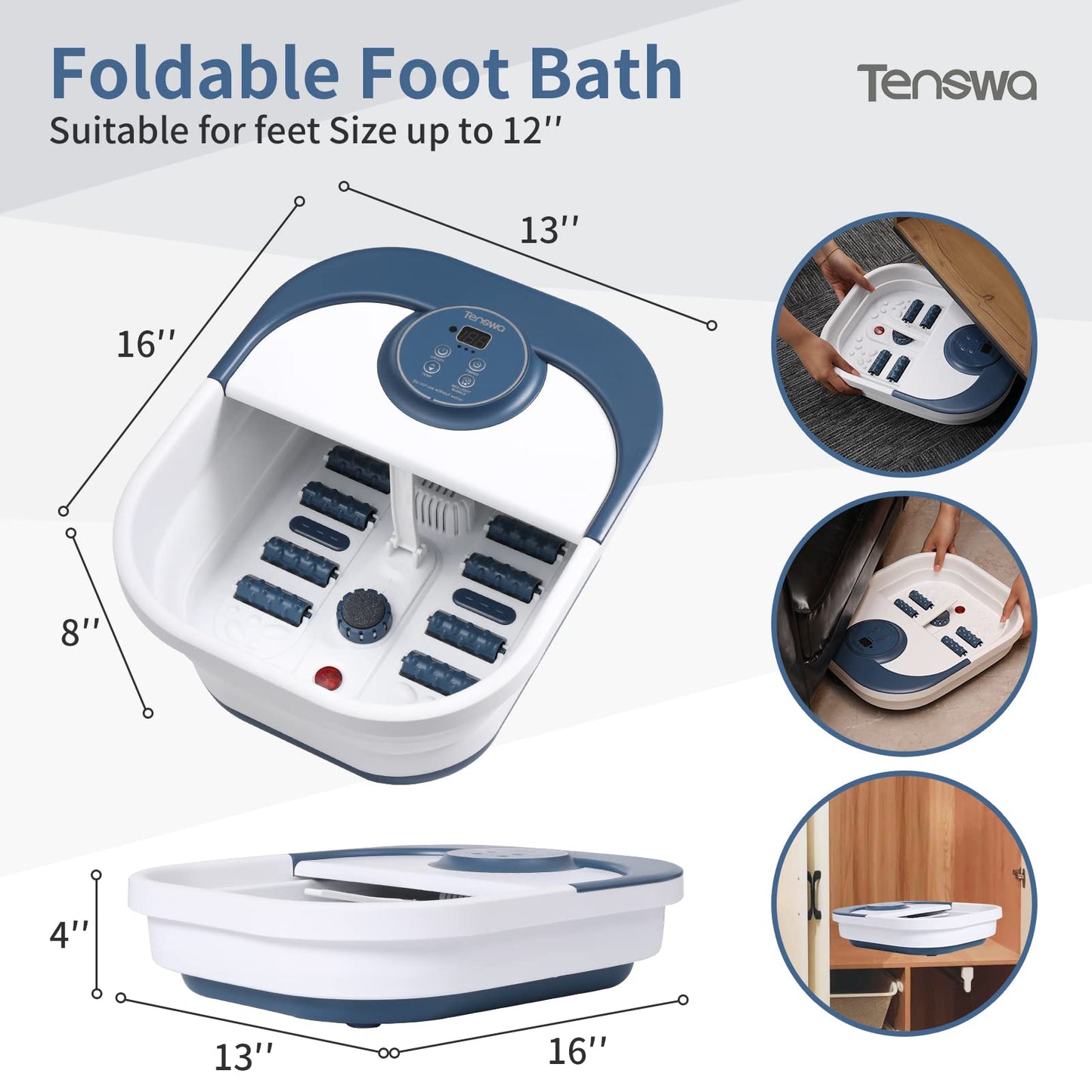 Tenswa Collapsible Foot Spa Bath Massager with Heat, Bubbles, Pedicure Foot Spa with 8 Rollers, Tub for Stress Relief, Soaker with Mini Acupressure Massage Points & Temperature Control