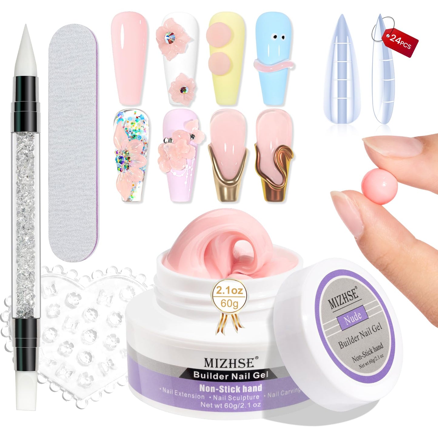MIZHSE Solid Nail Builder Gel, 2.1 oz 60g Nude Builder Gel for Nails Non-Sticky Solid Builder Gel for Nail Extensions Hard Gel with 24pcs Nail Forms and Silicone Pen Nail Art Manicure Set