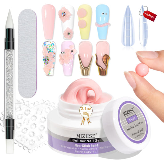 MIZHSE Solid Nail Builder Gel, 2.1 oz 60g Nude Builder Gel for Nails Non-Sticky Solid Builder Gel for Nail Extensions Hard Gel with 24pcs Nail Forms and Silicone Pen Nail Art Manicure Set