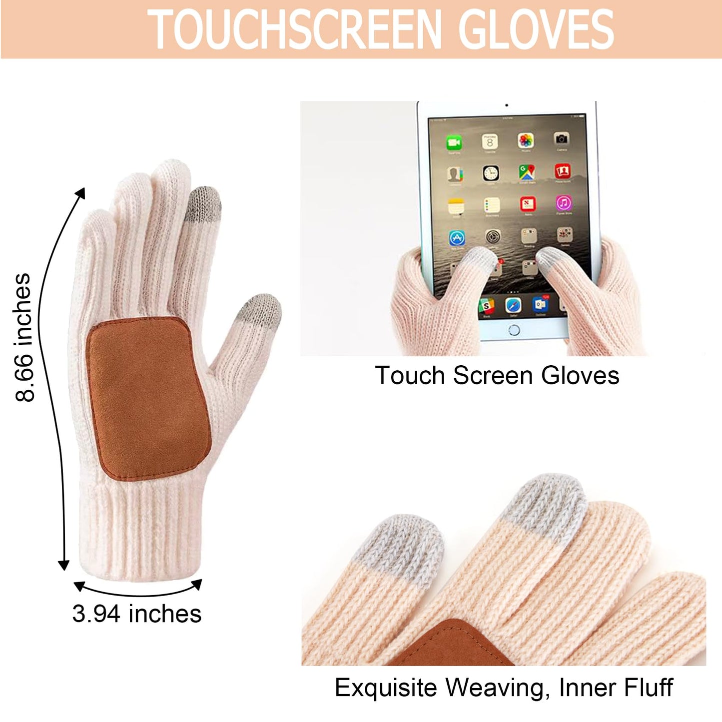 Women Beanie Hat Scarf Gloves Set, Women Winter Knitted Beanie Hat with Pom Pom Long Scarf Warmer Gloves with Touchscreen Set for Cold Weather, Warmer for Girls Women (Apricot)