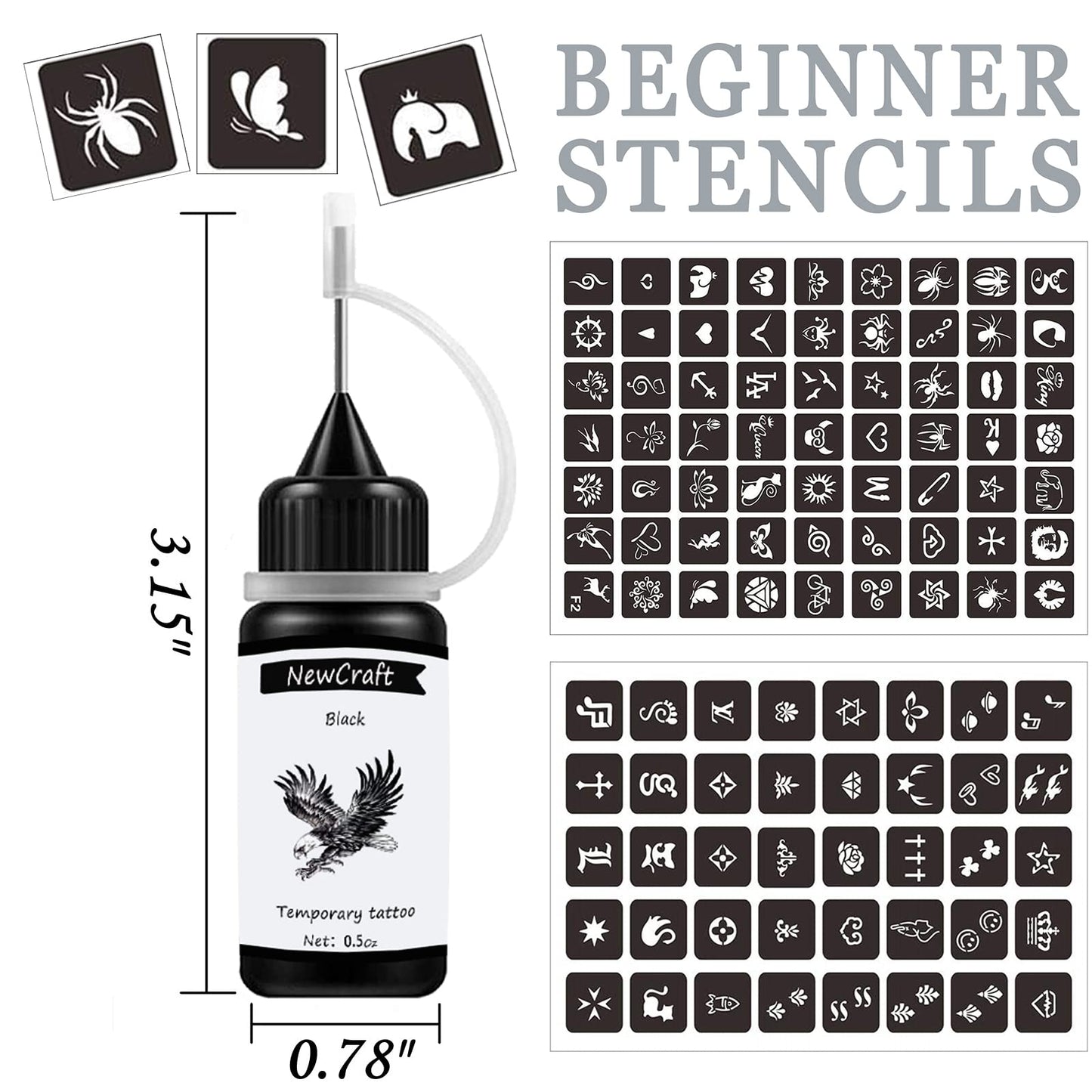 3 Packs Black Temporary Tattoo Ink and Stencils for Adults Teens Kids, Temporary Tattoo Kit Skin Friendly