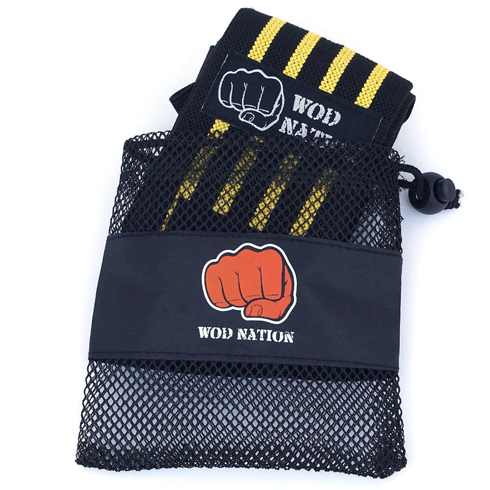 WOD Nation Wrist Wraps for Weightlifting, 18” Professional Gym Wrist Straps w/Thumb Loop for Men & Women, Wrist Support Wraps for Strength Training, Powerlifting & Bodybuilding (Black/Yellow)