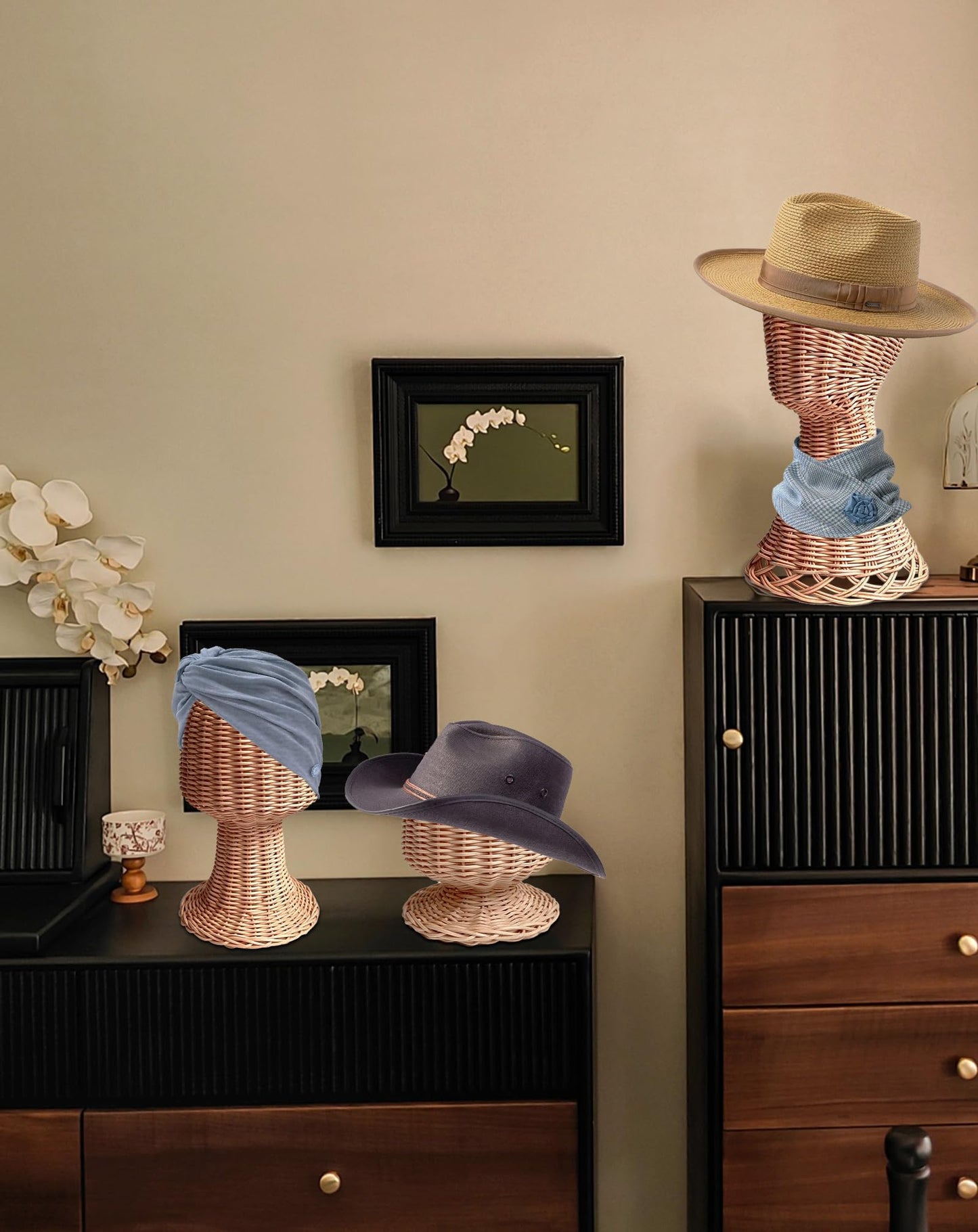 CHADWICK Mannequin Head Stand, Rattan Wig Stand, Hat & Wig Display Holder, Handmade Wicker Wig Head Stand, Vine Woven Hat Stand, Rustic Cap Rack for Home, Hair Salon, Showcase, Stable Base
