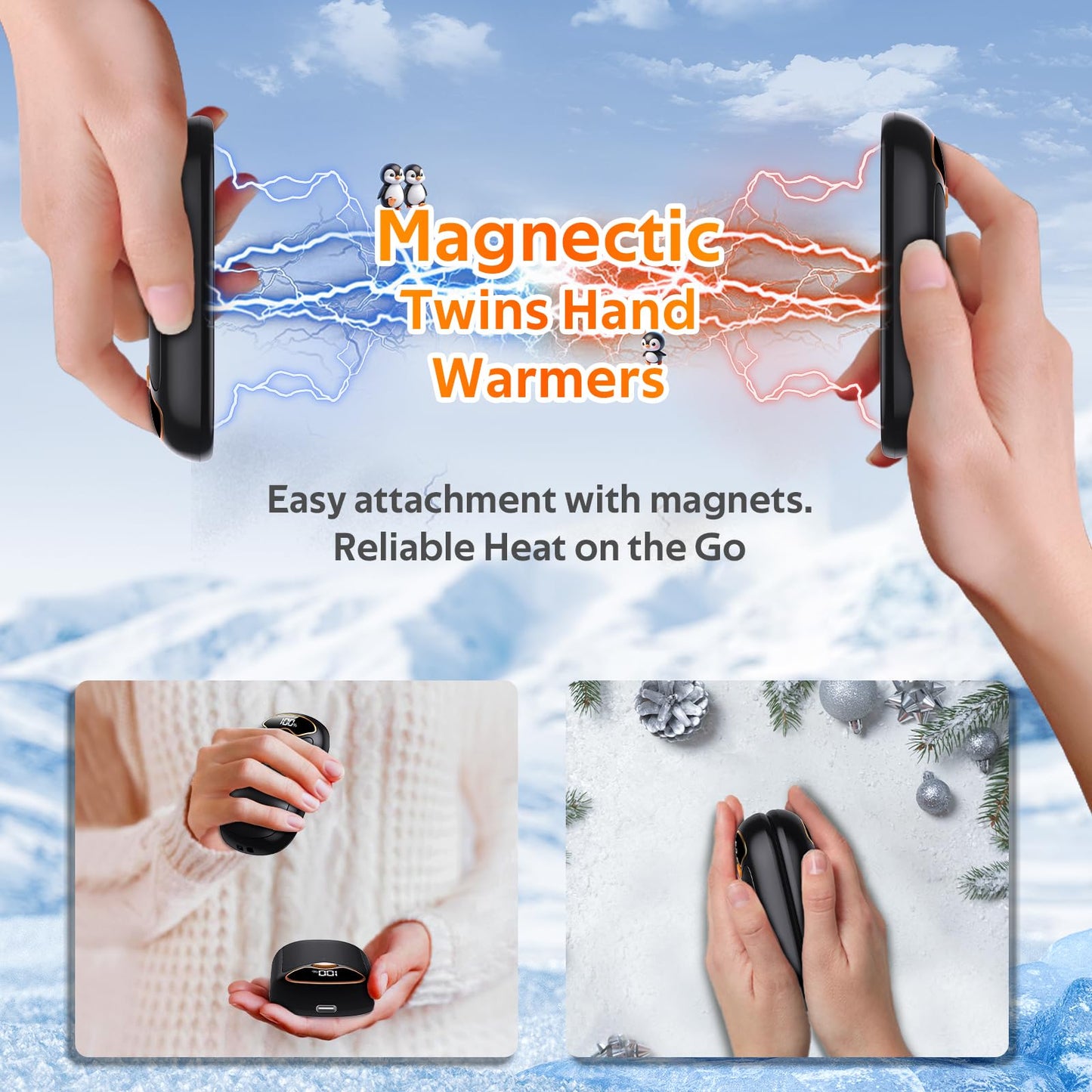 Hand Warmers Rechargeable - 7000mAh Magnetic Electric Hand Warmer 2 Pack, 20Hrs Warmth, LED Digital Display, 4 Heating Levels Portable Pocket Heater, Reusable Handwarmers for Raynauds Golf Hunting