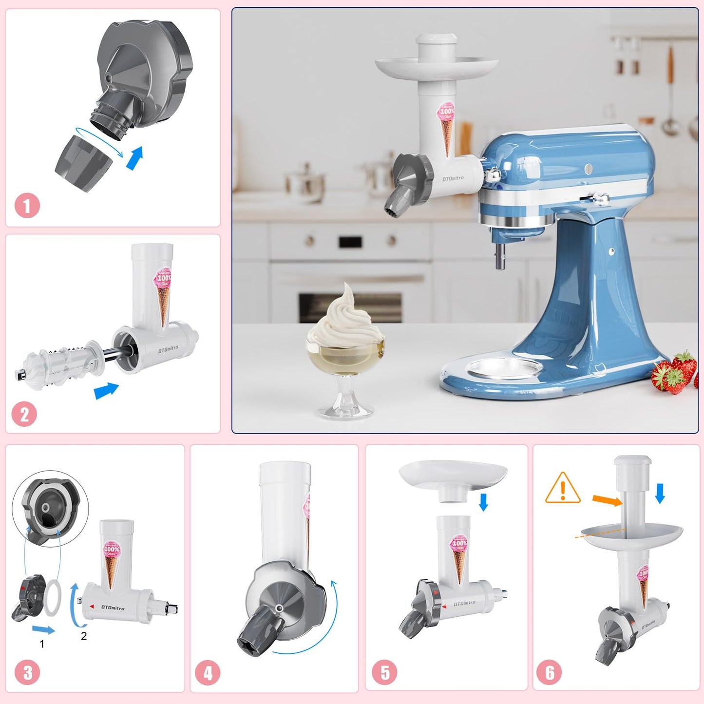 OTOmitra Natural Ice Cream Maker Attachment for Kitchen aid Stand Mixer, Frozen Dessert Maker, Fruit Sorbet Machine, Dairy-Free Frozen Fruit Soft Serve Maker, Natural Ice Cream Desserts Attachment