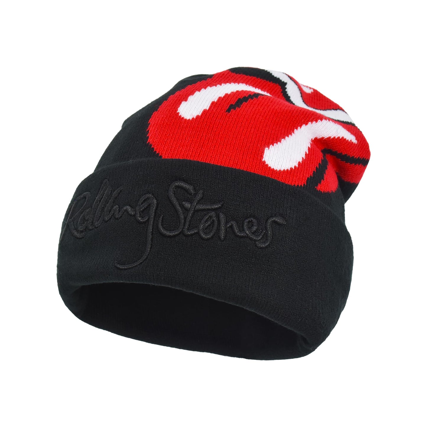 The Rolling Stones Beanie Hat, Winter Knit Cap with Jacquard Lips Logo and Cuff, Black, One Size