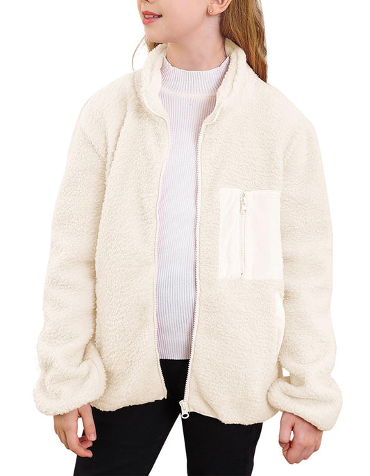 Fanient Girls Jacket Fleece Coat Sherpa Fuzzy Jackets Full Zip Outwear Jackets Solid Beige Long Sleeve Winter Coats Size 7-8