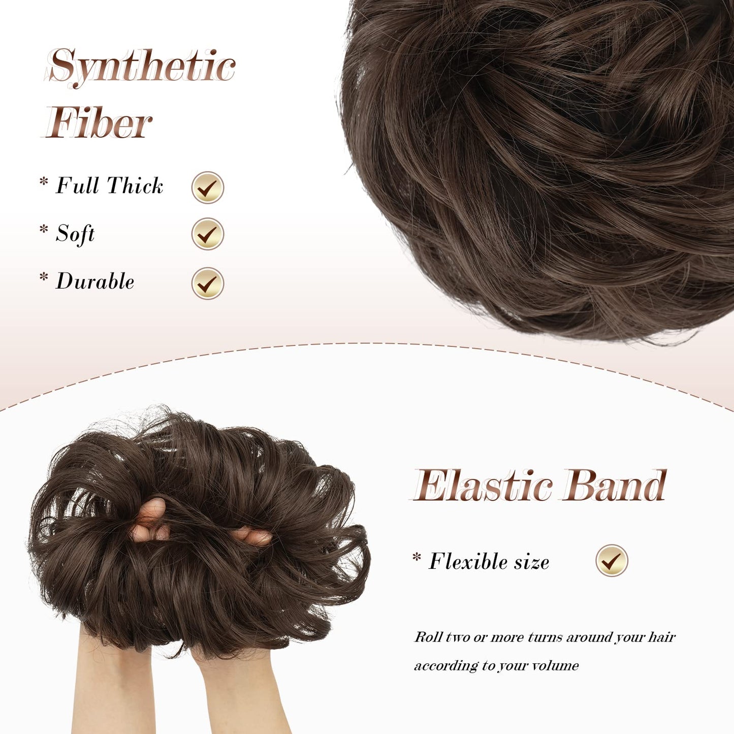 FESHFEN Messy Bun Hair Piece - Large Wavy Curly Elastic Hair Bun Scrunchies Ponytail Extensions Synthetic Chignon Hairpieces for Women, Medium Chestnut Brown 1.94oz