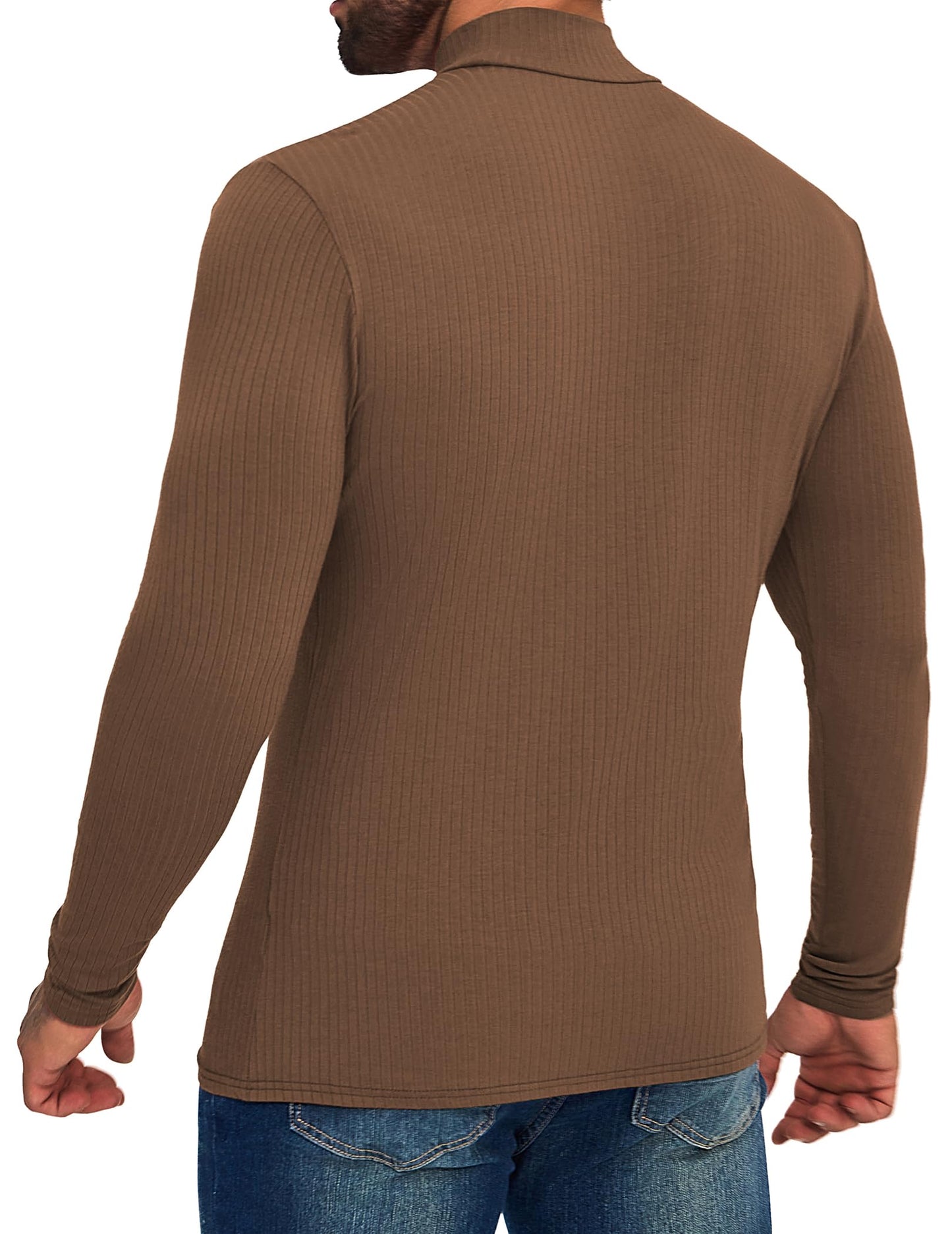 ZAFUL Mens Long Sleeve Turtleneck Undershirt Casual Knit Pullover Thermal Sweater Shirts Ribbed Tee for Fall Winter Brown L