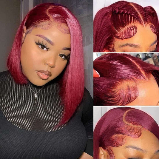 99J Burgundy Lace Front Wigs 13x4 HD Lace Frontal Glueless Straight Short Bob Wig Human Hair Bob Wigs for Black Women Human Hair Pre Plucked Natural Hairline Wine Red 12 Inch