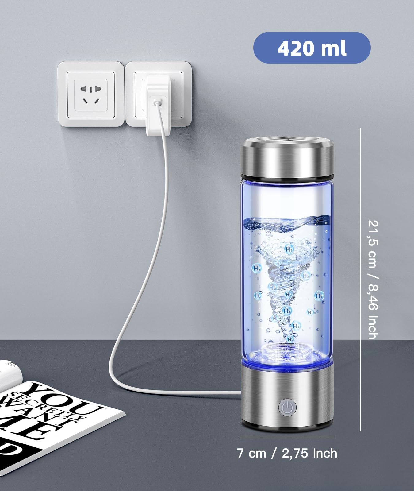 Premium Hydrogen Water Bottle with Advanced Electrolysis Technology, High Borosilicate Glass, Leak-Proof Design, 420ml Capacity, Enhances Skin Health, Sleep Quality, Metabolism, and Vitality