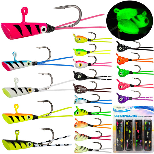 Ice Fishing Jigs, 20pcs Dancing Ice Fishing Jig Rubber Skirt Kit Winter Ice Fishing Lures Ice Fishing Lures and Jigs Walleye Ice Fishing Gear for Ice Jigging Panfish Crappie Panfish Pike, 4 Styles