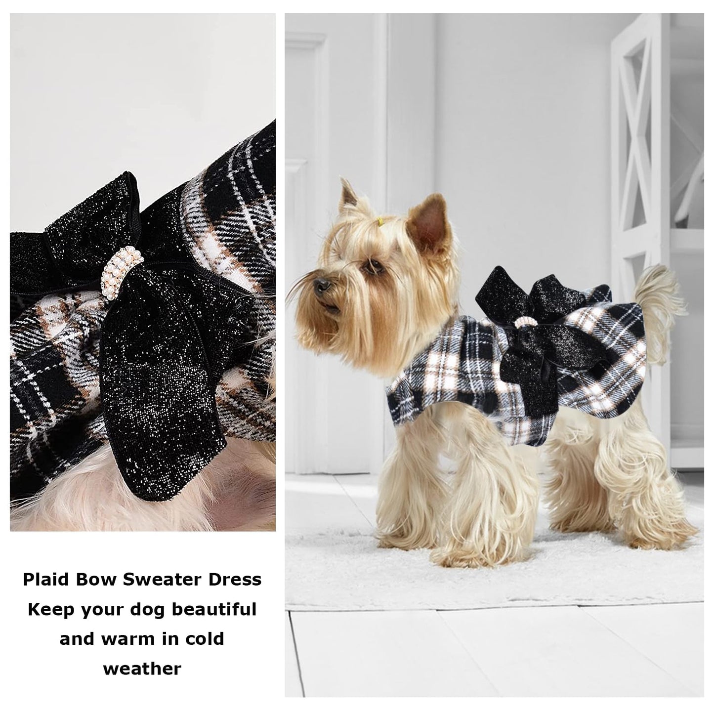 Dog Sweater Dresses for Small Dogs Male Female - Christmas Dog Clothes for Small Dogs Girl Boy - Winter Spring Sweater Princess Plaid Dress - Pet Clothes Puppy Outfits Apparel, XS, Black Plaid, 4-6lb