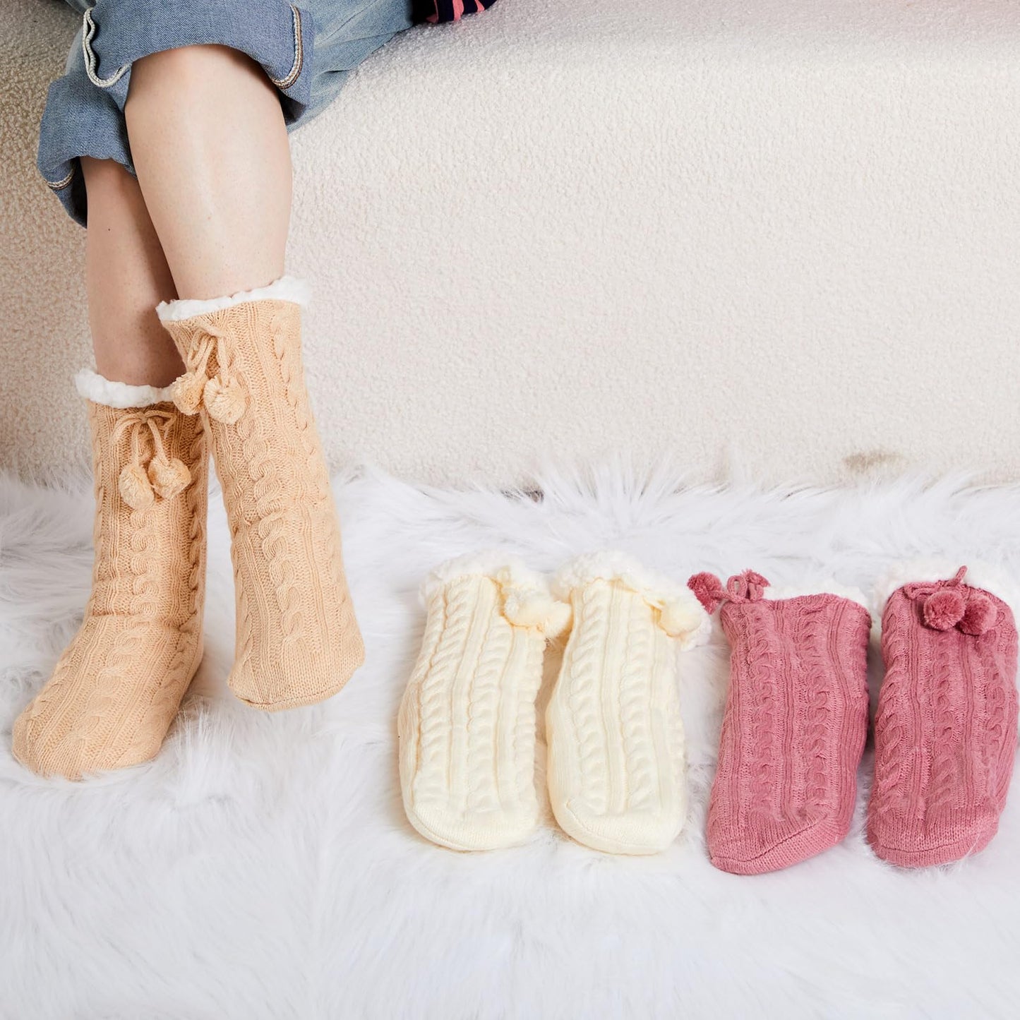 Foaincore 3 Pair Kids Slipper Socks with Gift Bag Girls Boys Fuzzy Socks Non Slip Winter Fluffy Socks Warm Socks with Grips(Warm Color,8-12 Years Old)
