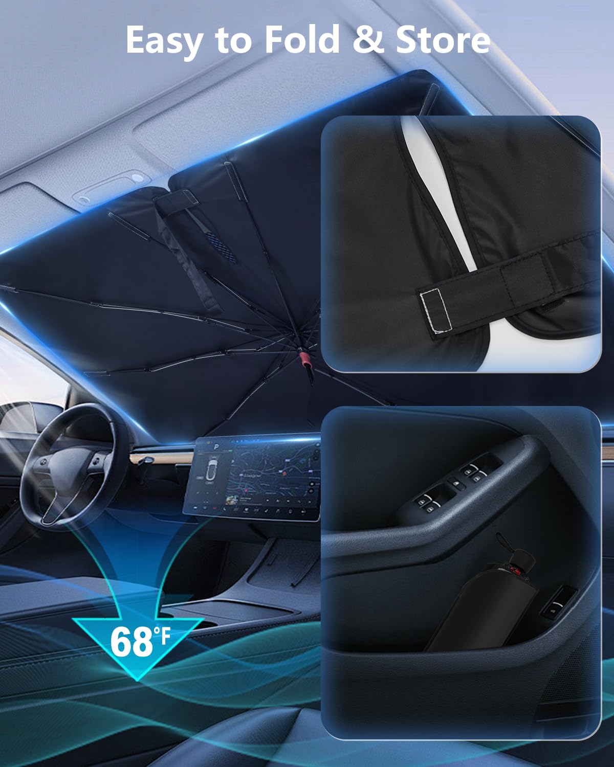 Noiclub Foldable Windshield Sun Shade Umbrella – Reflective Car Window Cover for Front Windshield, Heat Blocker for SUV, Truck, Sedan – Easy Storage with Bendable Handle