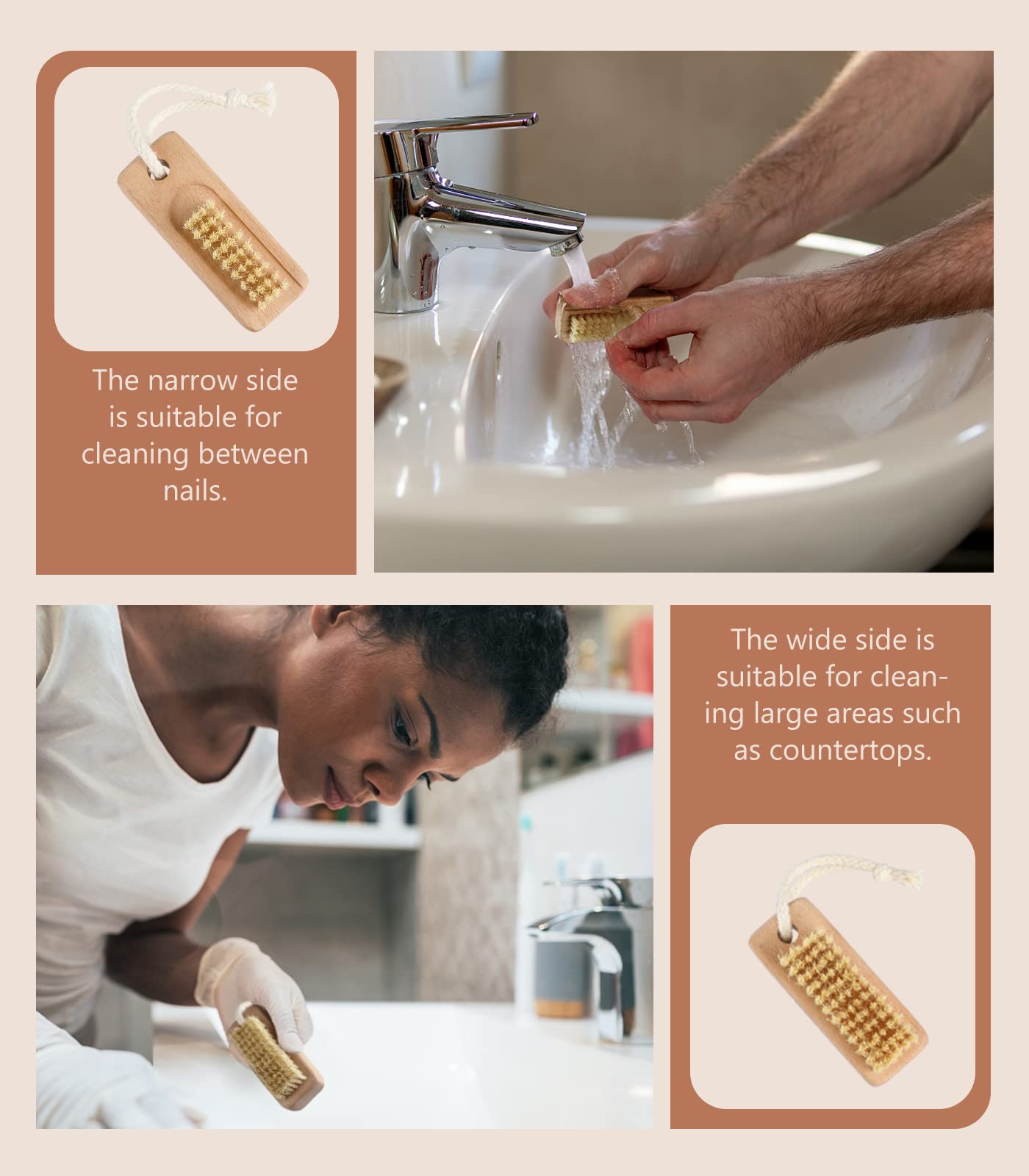 Larbois Nail Brush for Cleaning Fingernails, 2Pack Wooden Nail Brushes Fingernail Brush for Cleaning Nail Scrub Brush Two-Sided with Hanging Rope (Beechwood)