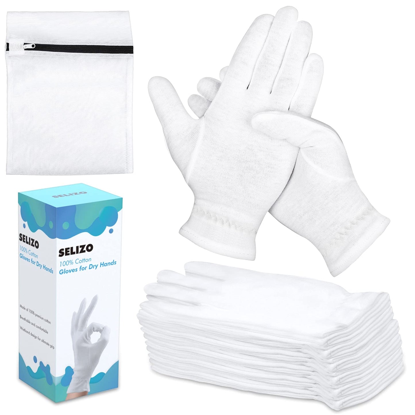 20 Pcs 100% Moisturizing Gloves for Dry Hands Overnight, Selizo 10 Pairs White Cotton Gloves for Women Eczema, Hand Moisturizer Sleeping Spa Gloves for Dry Hands Eczema