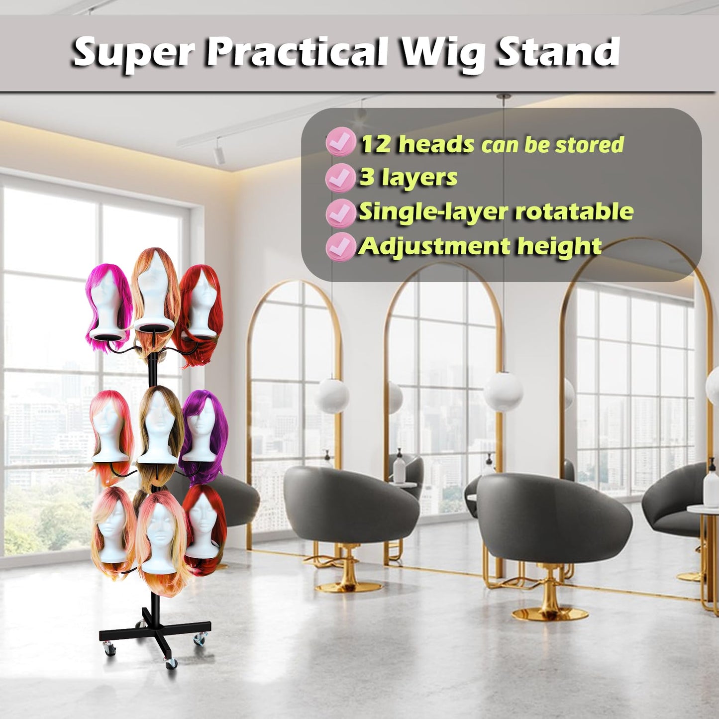 Lhysn Wig Head Stand for Styling 12-Head Wig Holder for Multiple Wigs Display Mannequin Head Stand Tripod Metal Wig Organizer Storage Rack Black- Patent Protected