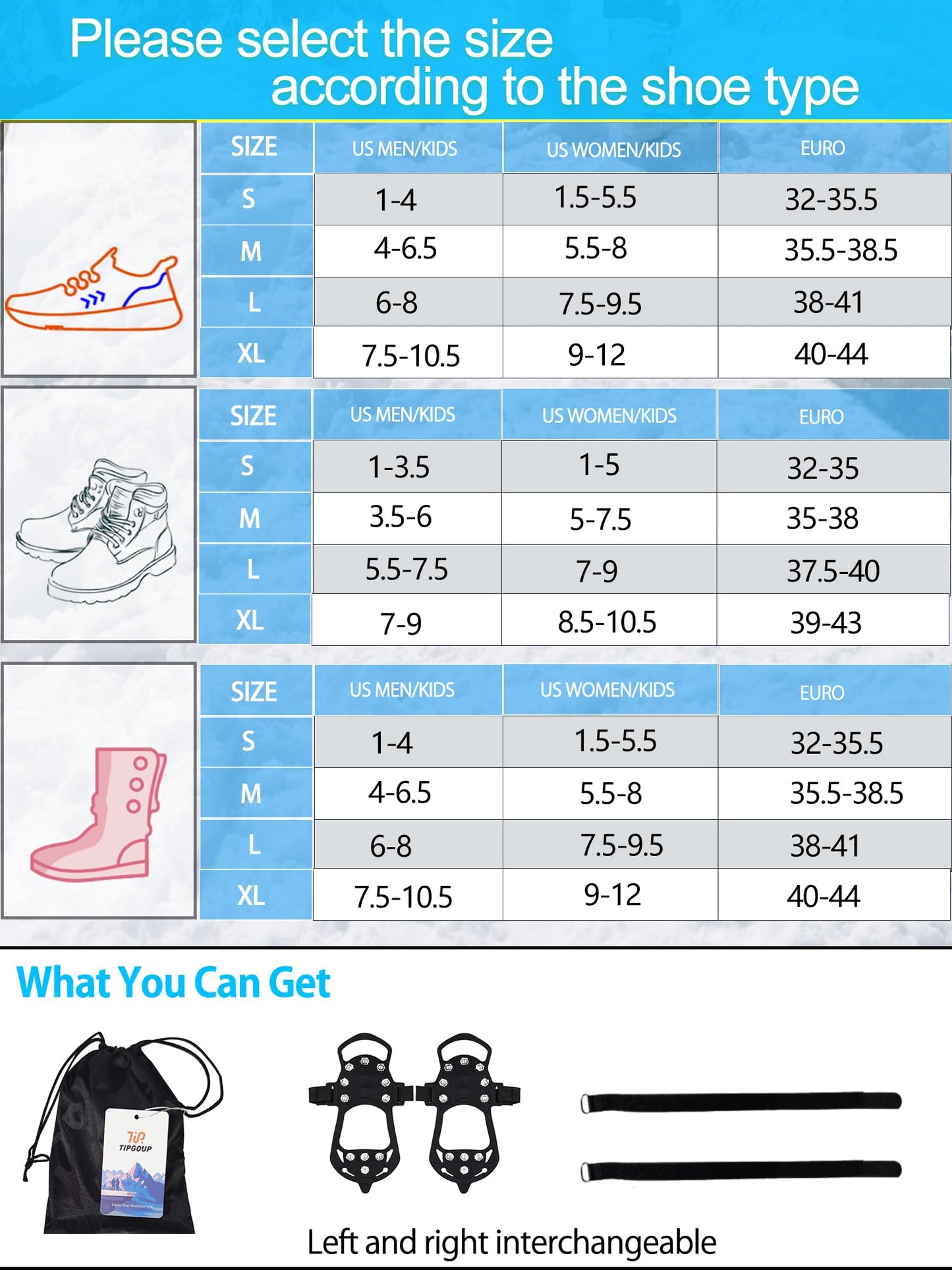 Ice Snow Cleats Non Slip Grippers for Shoes and Boots Winter Walking Traction Cleats for Men Women Overshoe Anti Slip Grips with 4 Straps L