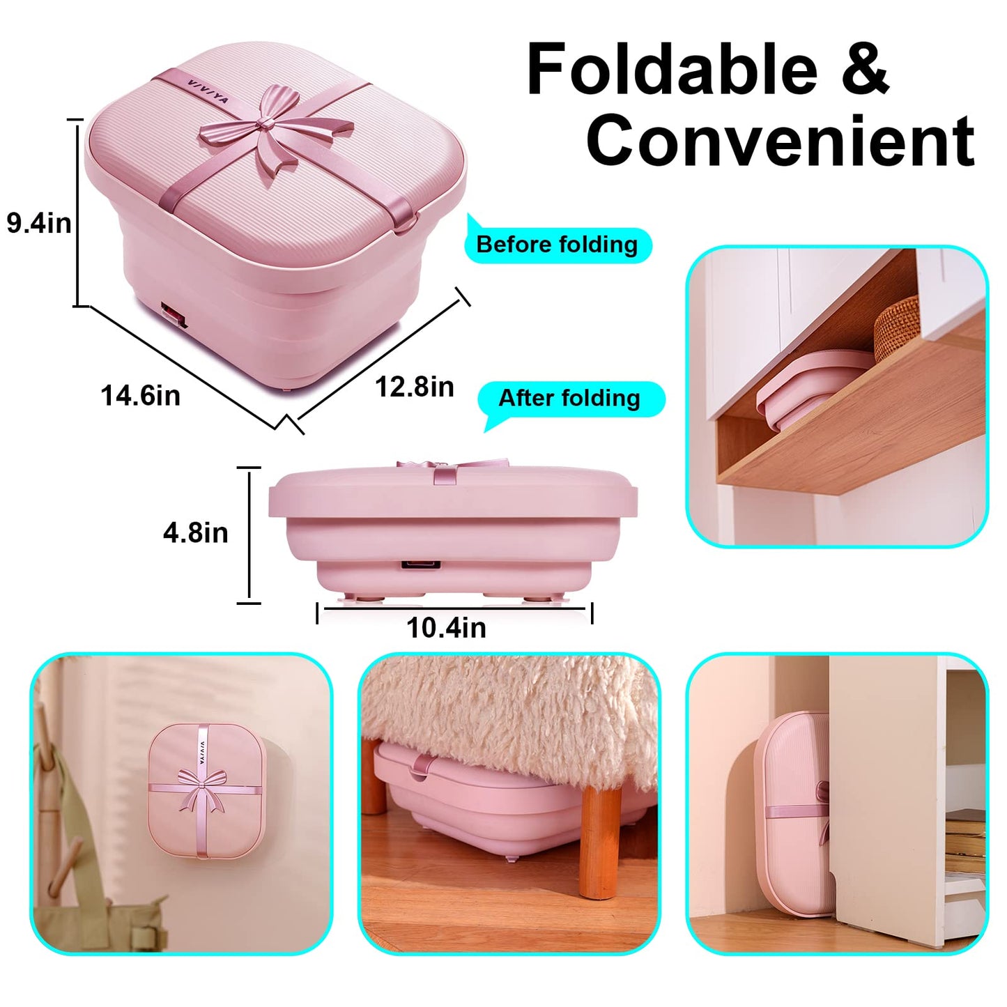 VIVIYA Collapsible Foot Bath Spa with heat and Massage Rollers, Foldable Foot Soak Tub with Bubbles Jets and LED light, Pedicure Foot Spa Massager with Foot Scrubber for Home Use (Pink)