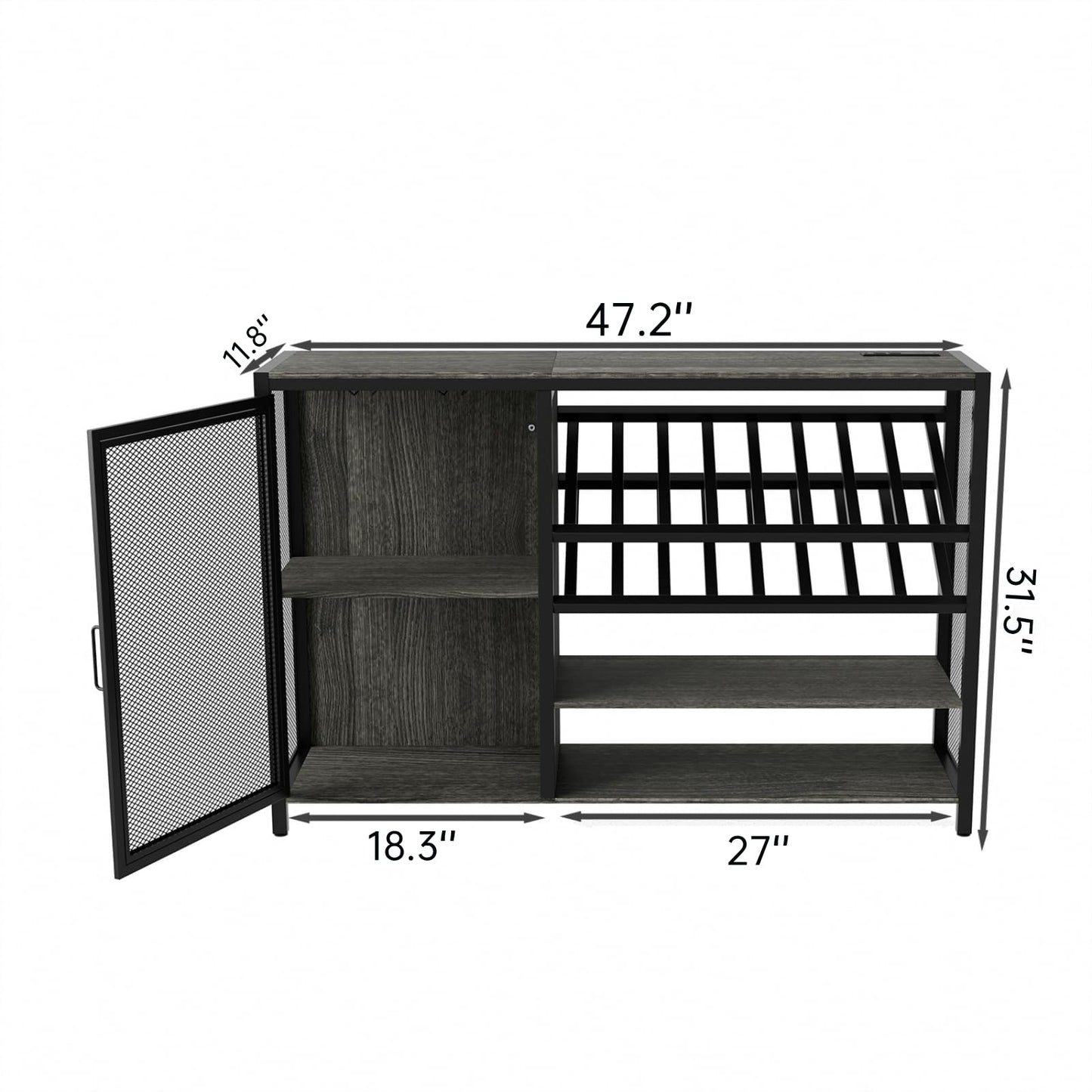 Wine Bar Cabinet with Socket and RGB Light, 47'' Home Coffee Bar Cabinet with Wine Rack and Glass Holder Buffet Sideboard TV Stand Liquor Cabinet for Living Room, Dining Room, Kitchen, Bar Grey