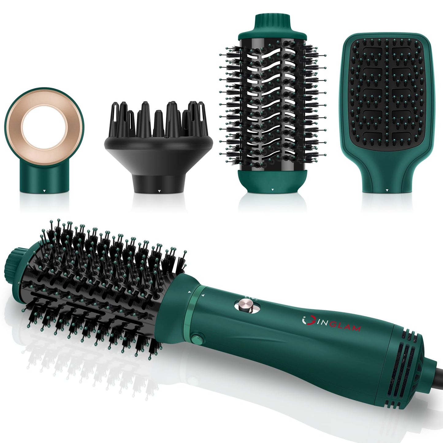 IG INGLAM Hair Dryer Brush, 4-in-1 Detachable Blow Dryer Brush, Ionic Diffuser Hair Dryer & Styler Volumizer with Oval Titanium Barrel, One-Step Hot Air Blowout Brush, Updated Push Switch, Dark Green