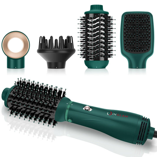 IG INGLAM Hair Dryer Brush, 4-in-1 Detachable Blow Dryer Brush, Ionic Diffuser Hair Dryer & Styler Volumizer with Oval Titanium Barrel, One-Step Hot Air Blowout Brush, Updated Push Switch, Dark Green