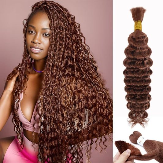 Brown Braiding Hair 1 Bundle 50g 24 Inch Color 30 Braiding Hair Deep Wave Human Hair Braiding Hair Water Wave Bulk Human Hair for Braiding 100% 12A Brazilian Auburn Human Bariding Hair for Boho Braids