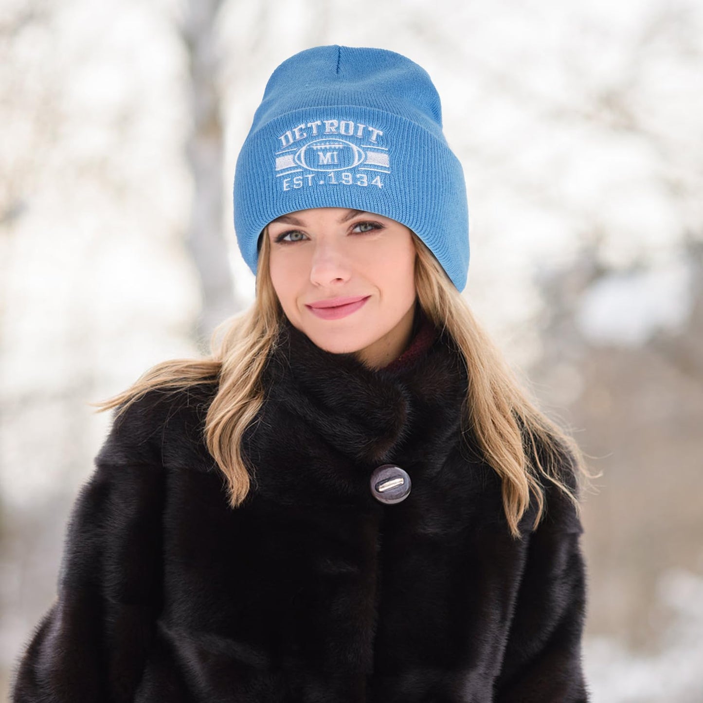 Classic City Football Fans Beanie Hat Embroidery Skull Cap Vintage Cuffed Knit Winter Hat with Warm Gloves Gifts for Men Women(Detroit,Sky blue)