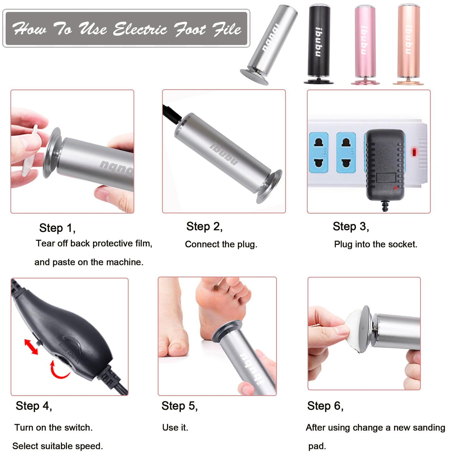 ibubu Electric Feet Callus Remover Professional Powerful Foot File Pedicure Grinder Sanders with 60PCS Replacement Sandpaper Discs Heel Scraper for Dead Dry Crack Skin Calluses Speed Adjustable Silver
