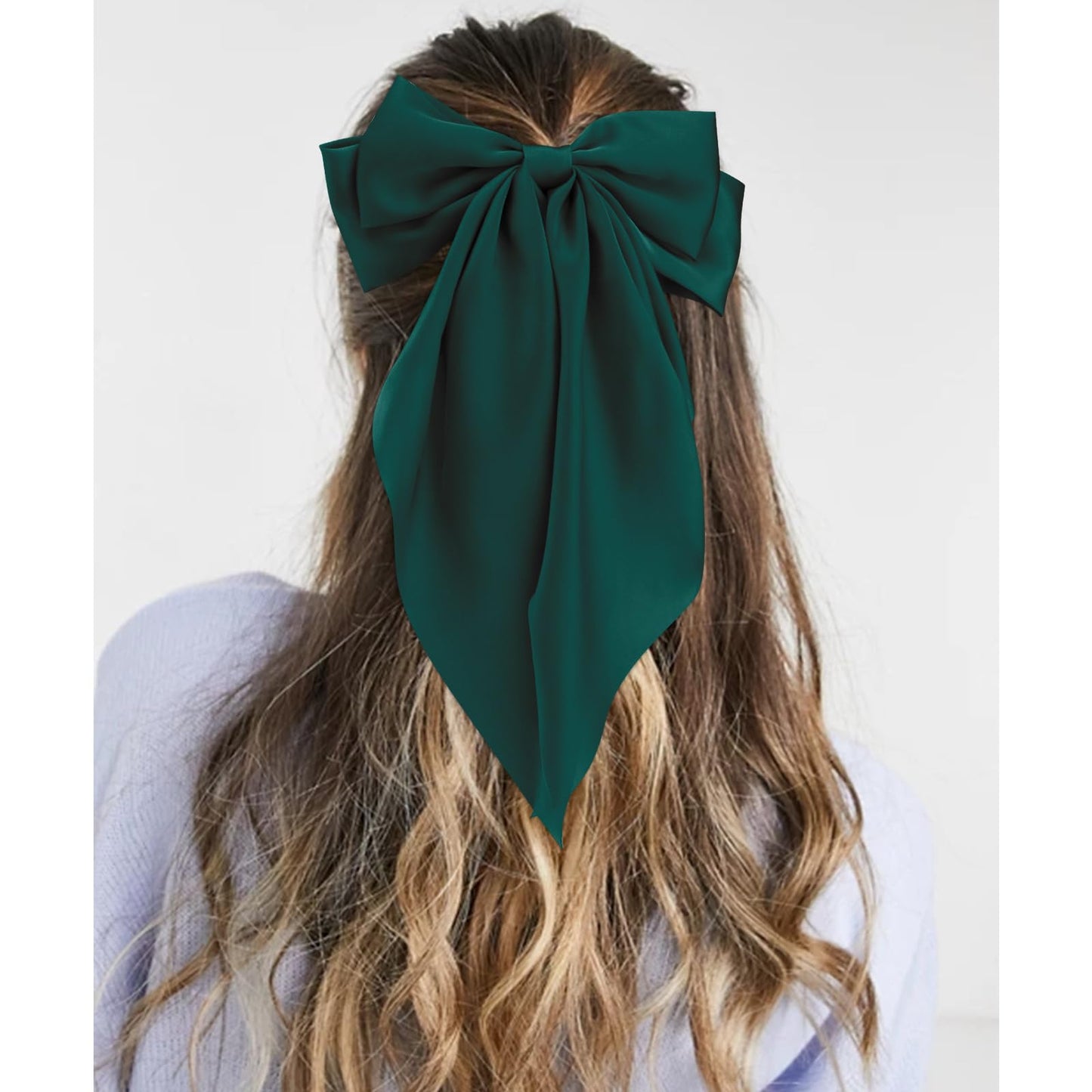 Canitor Dark Green Hair Bows for Women Hair Accessories for Christmas Halloween St. Patrick's Outfit Dress Shirts Barrettes Clip Large Silky Satin Bows