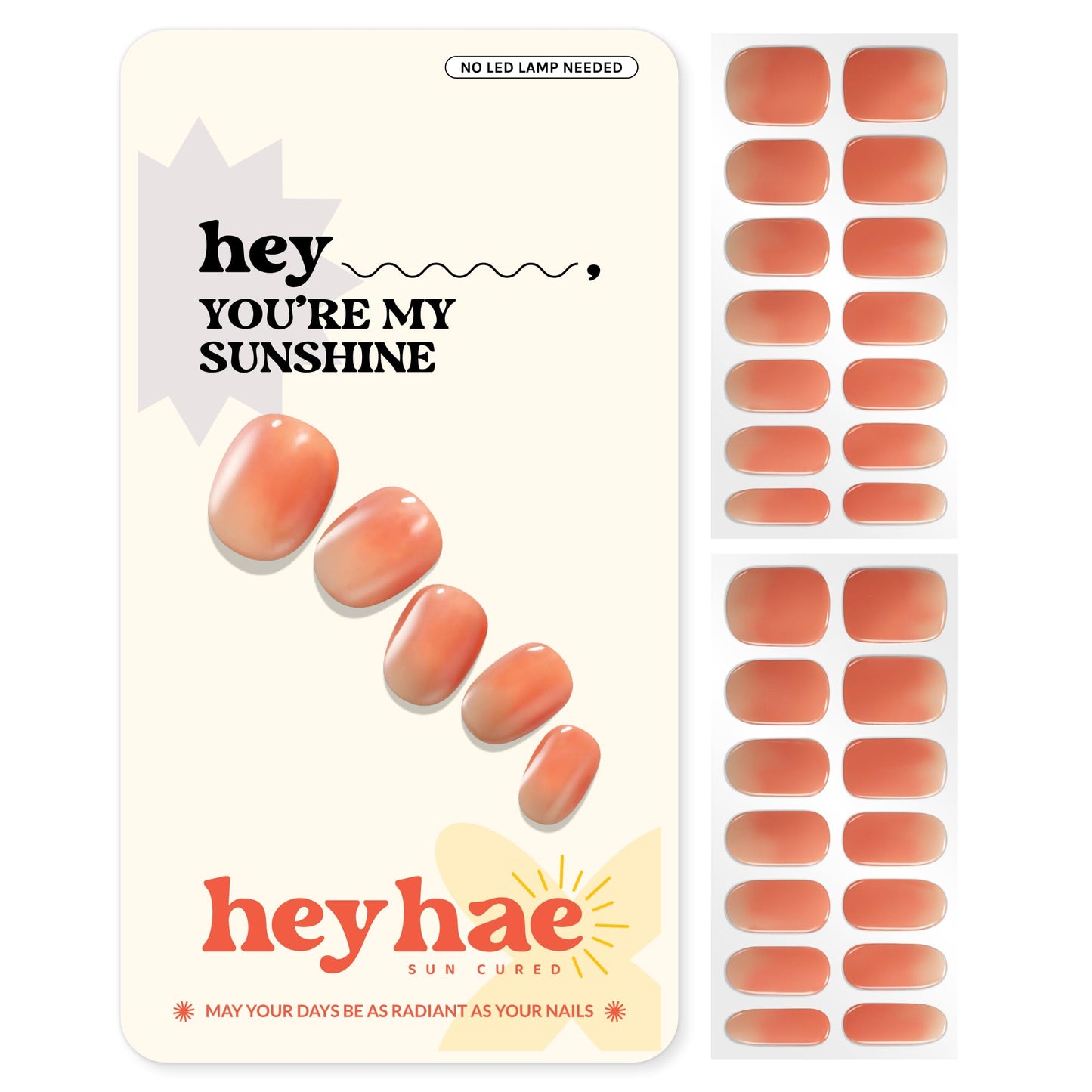 Heyhae Semi Cured Gel Nail Strips | No LED Lamp Needed | Ombre, Orange, Spring | Easy Apply & Remove, Salon Quality |Includes 28 Strips, 1 Prep Pads, Nail File & Wooden stick - Hey, You're My Sunshine