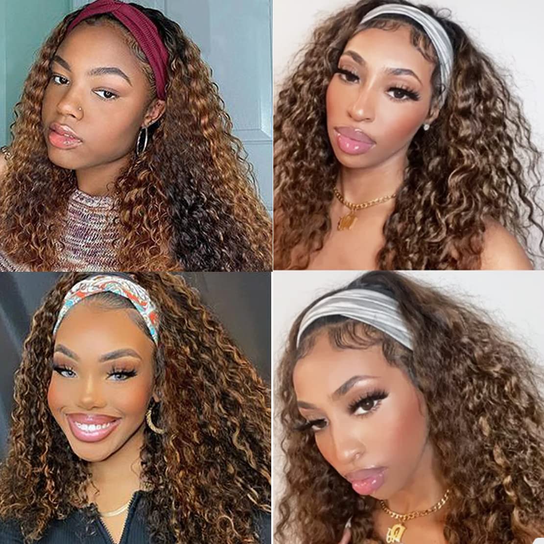 Celiarita Highlight Ombre Headband Wig Deep Wave Human Hair Wigs 4/27 Brazilian Virgin Curly Human Hair Headband Wigs for Black Women 10 Inch