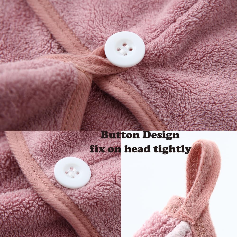 M-bestl 2 Pack Microfiber Hair Towel Wrap,Hair Drying Towel with Button Design,Head Towel to Dry Curly Hair Quickly (Bean Pink)