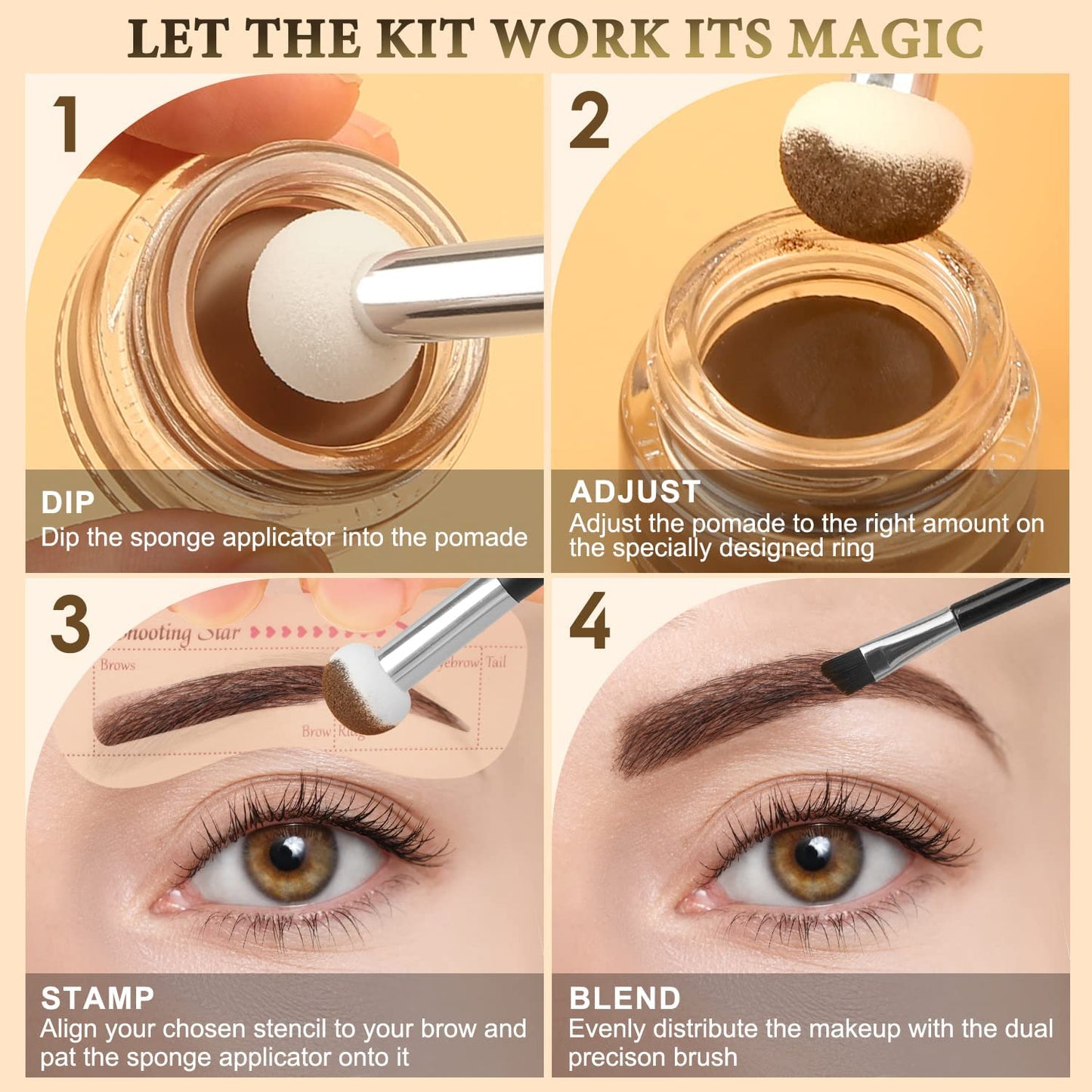 LAVONE Eyebrow Stamp Stencil Kit - Brow Stamp Trio with Waterproof Eyebrow Pencil, Pomade, 20 Stencils, Dual-ended Brush and Sponge Applicator - Chocolate